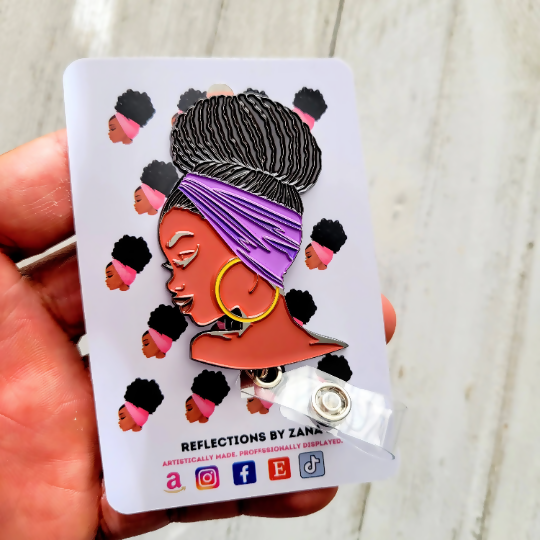 Black Woman Loc Bun ID Enamel Work Badge