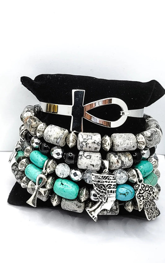 Queen Nefertiti Map Stone Jasper and Turquoise Bracelet set