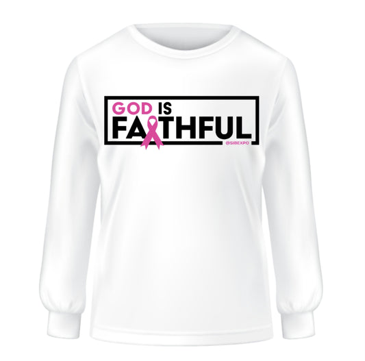 Clearance - God is Faithful Long Sleeve Tee - Breast Cancer Awareness