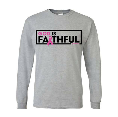 Clearance - God is Faithful Long Sleeve Tee - Breast Cancer Awareness