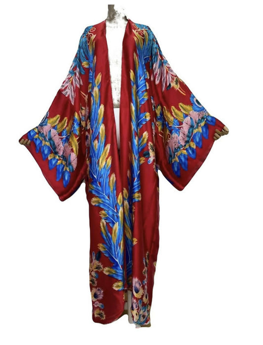 Red & Blue Feathers Sexy Kimono