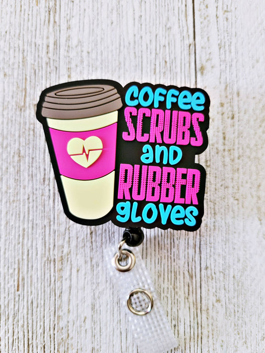 Coffee Scrubs and Rubber Gloves w/ Coffee Retractable Badge Reel