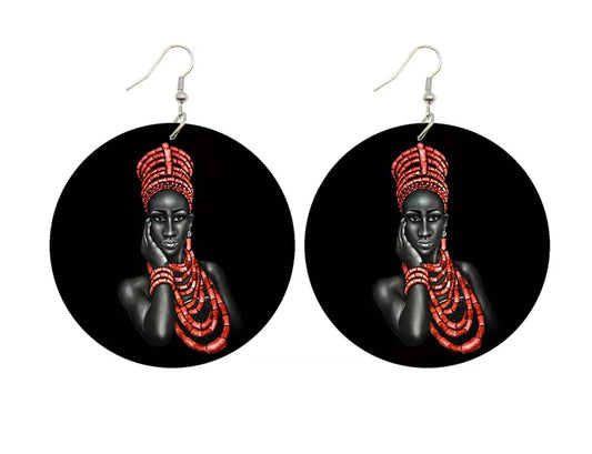 Round Circle Queen Wooden Earrings Black
