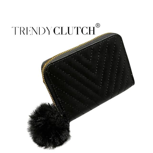 The Trendy Clutch Mini Wallet- Black Stitch Pom Pom