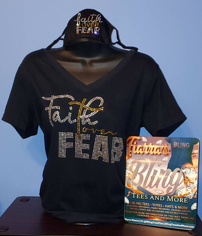 Faith over Fear Rhinestone V-Neck T-Shirt (Gold Accented)