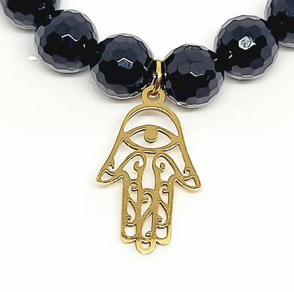 Faceted Onyx, Golden Stainless Steel, Hamsa Charm Stretch Bracelet