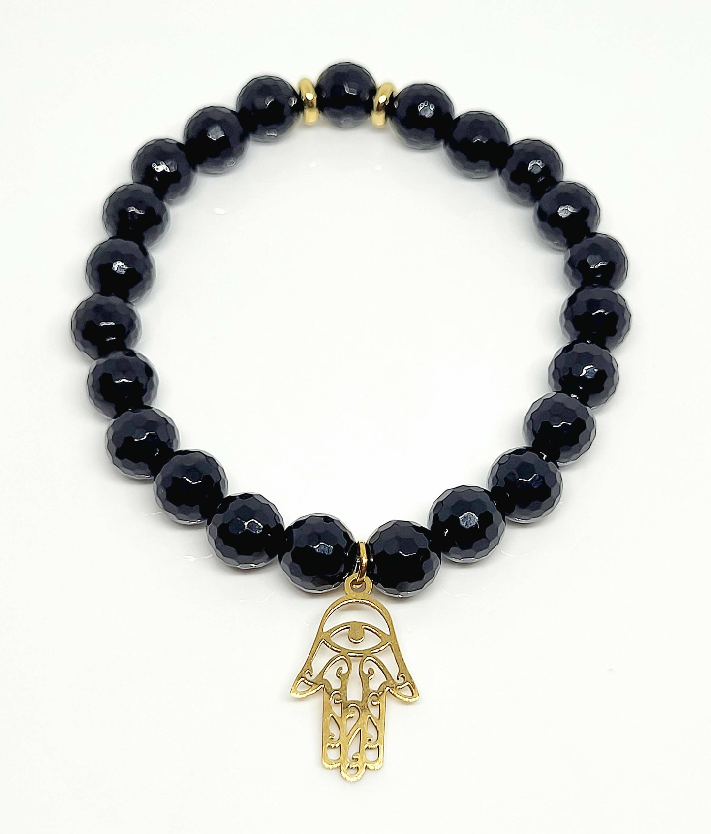 Faceted Onyx, Golden Stainless Steel, Hamsa Charm Stretch Bracelet