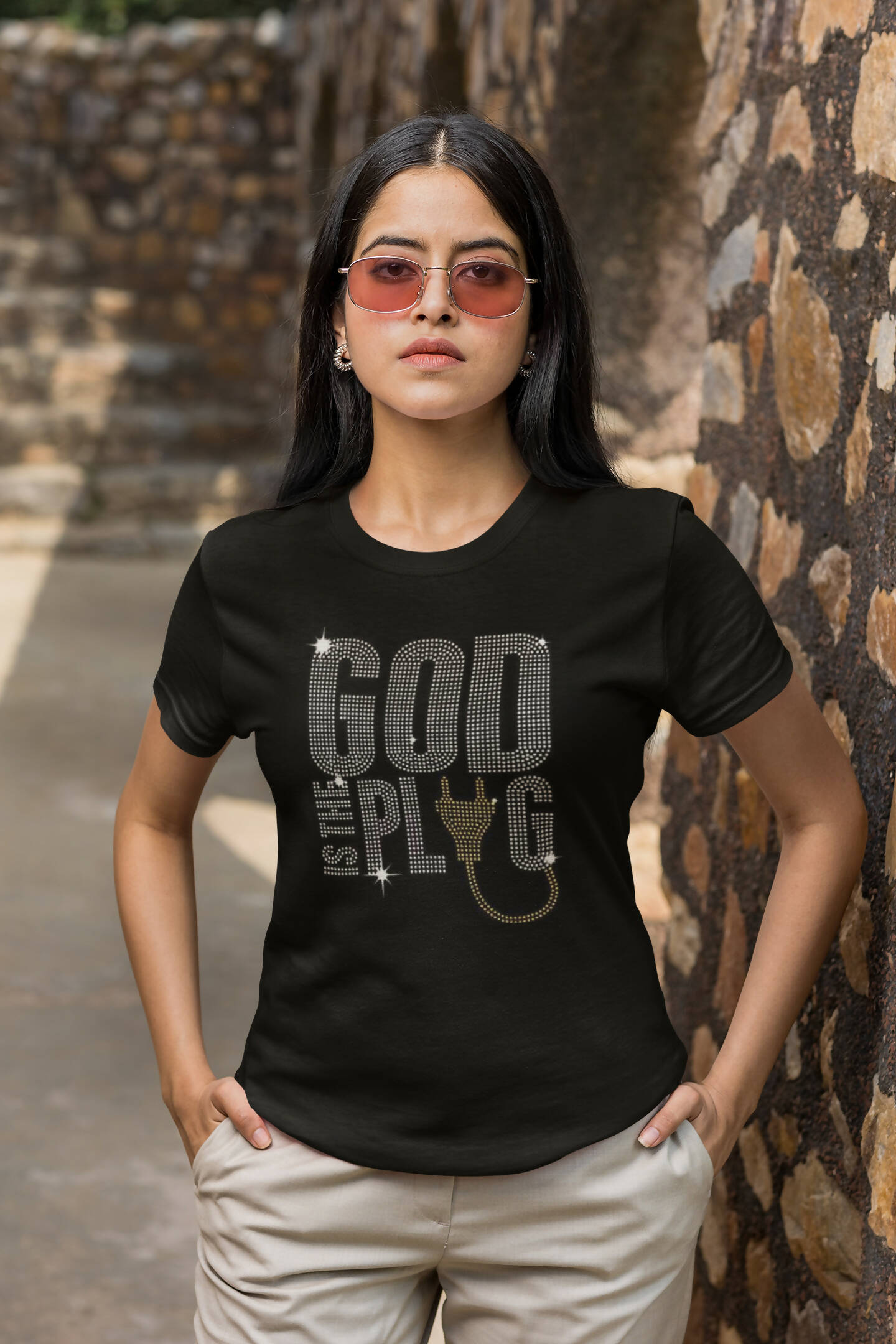 God Is the Plug Rhinestone Short-Sleeved Shirt