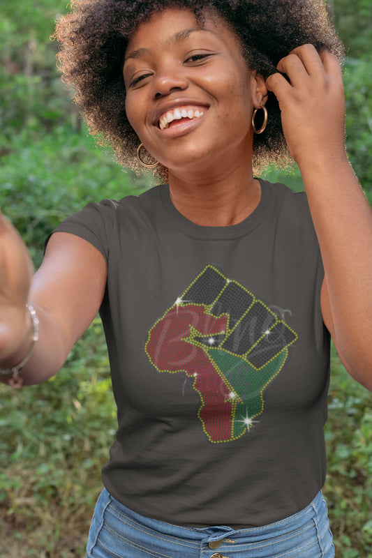 Africa Shaped Fist Rhinestone Short-Sleeved T-Shirt