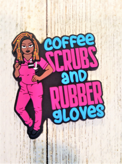 Loc'd Coffee Scrubs and Rubber Gloves w/ Coffee Retractable Badge Reel (pink/teal)