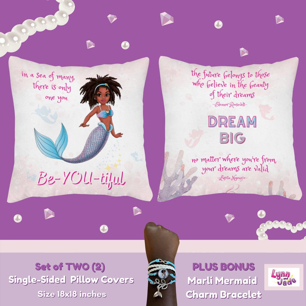 Marli Mermaid 18x18in Pillow Covers and Mermaid Bracelet Bundle