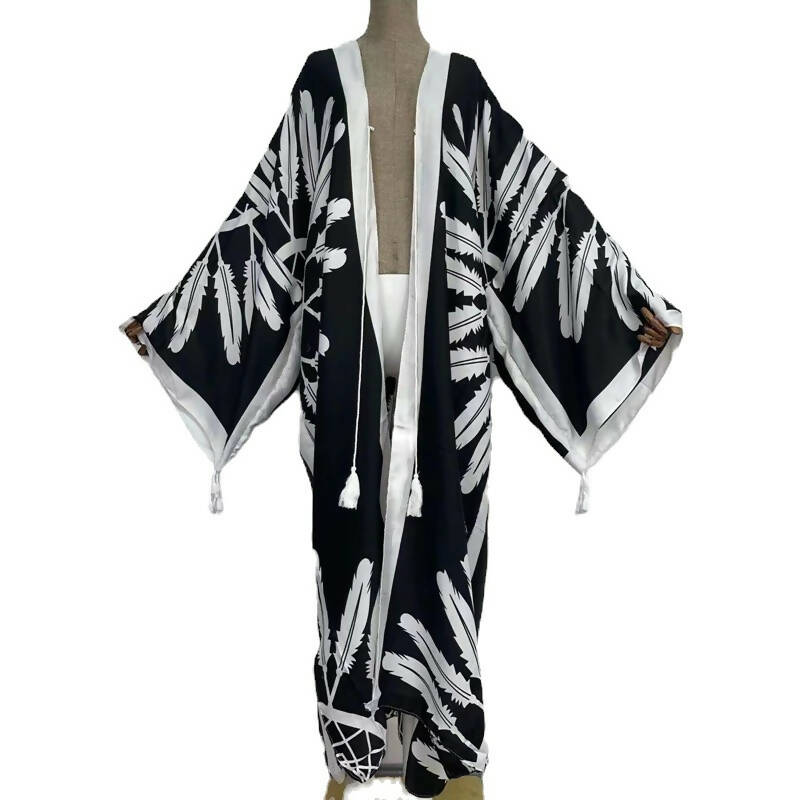 Black and White Feathers Batwing Sleeve Sexy Kimono