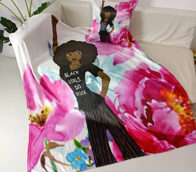 3 Piece Black Girls Do Rock Throw Blanket, Pillowcase, & Eye Mask Lounge Set